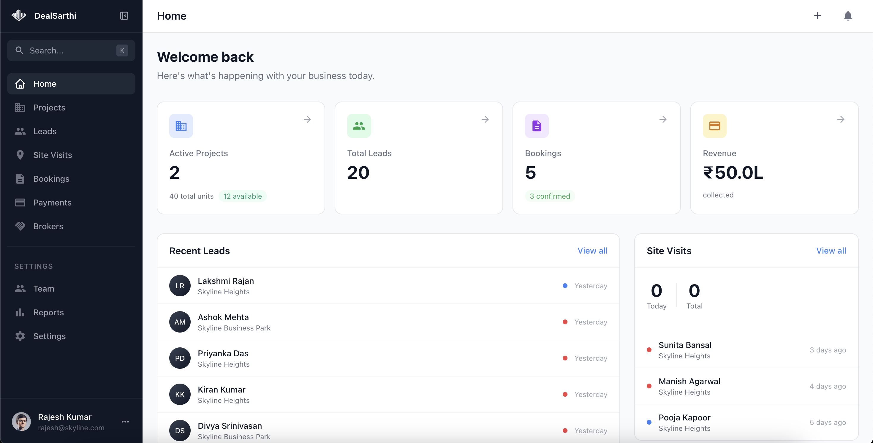 DealSarthi CRM Dashboard - Real Estate Lead Management